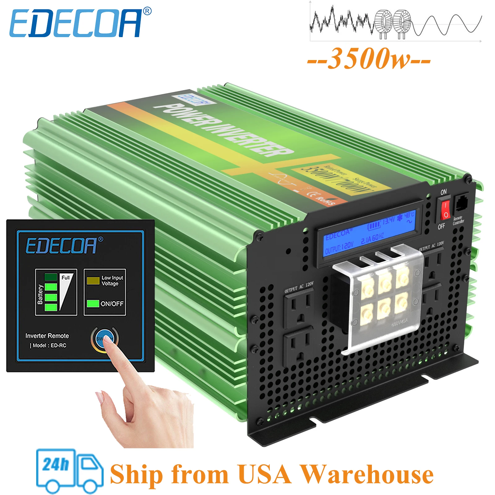 

3500 Вт, немодулированный синусоидальный сигнал 110 В, 60 Гц, силовой инвертор Edecoa DC 12 В AC 110 в 120 В, американские розетки, преобразователь солнечной энергии для домашнего использования