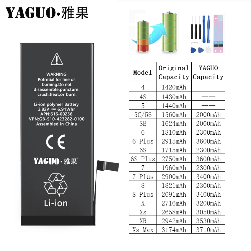 

YAGUO Battery For iPhone6S iPhone7 iPhone8 Replacement Bateria For iPhone 6S 7 6 8 Plus SE 5S 5 X XR XS MAX 4 4S 5C 7Plus 6SPlus