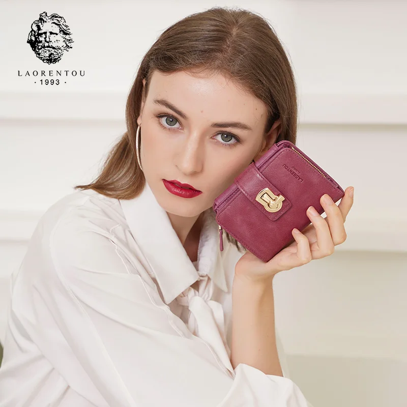 LAORENTOU Brand Women Standard Wallet Genuine Leather Wallets Fashion Short Zipper Purse Lady Coin Pocket Card Holder for Women