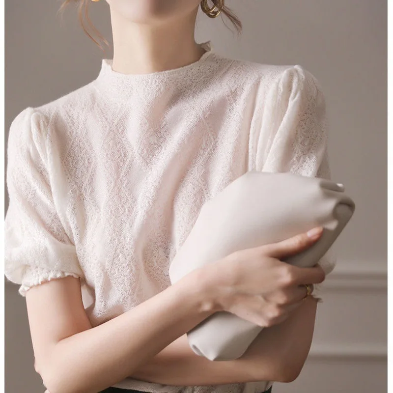

Hollow knitted sweater women's thin short-sleeved loose fashion shirt spring autumn 2021 bubble sleeve top summer