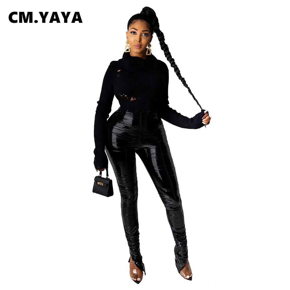Женские брюки с высокой талией CM.YAYA уличная одежда из искусственной кожи рюшами