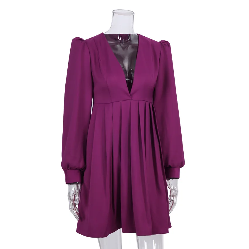 

2021 Spring Party Pleated Sexy Deep V Neck Puff Sleeve Short Purple Women Ladies Elegant Dress 273