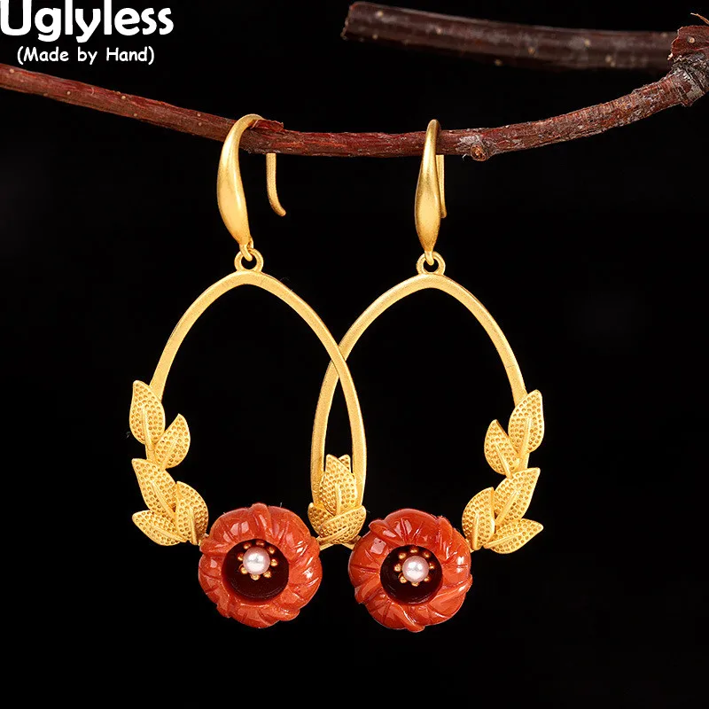 

Uglyless Olive Branch Earrings for Women Natural Agate Flower Brincos Bijoux Gold Leaves 925 Silver Ethnic Jewelry Pearls Stamen