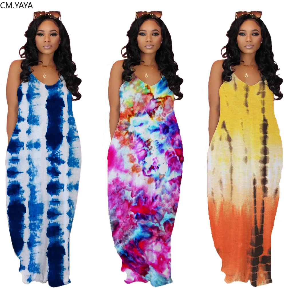 Женское летнее длинное платье-макси на бретельках с принтом и круглым вырезом