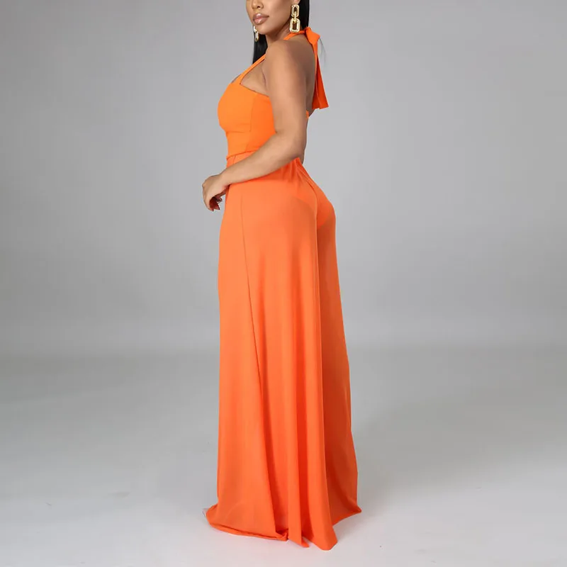 

Women Halter Wide Leg Backless Solid Jumpsuits