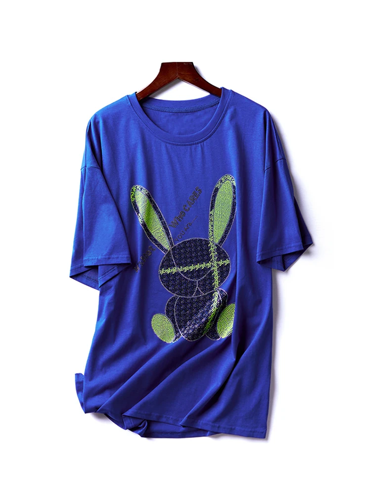 

2021 New Summer Female Contrast Color Cartoon Rabbit Rhinestone T-shirt European Plus Size Women's Loose O-neck Pullover Top Tee