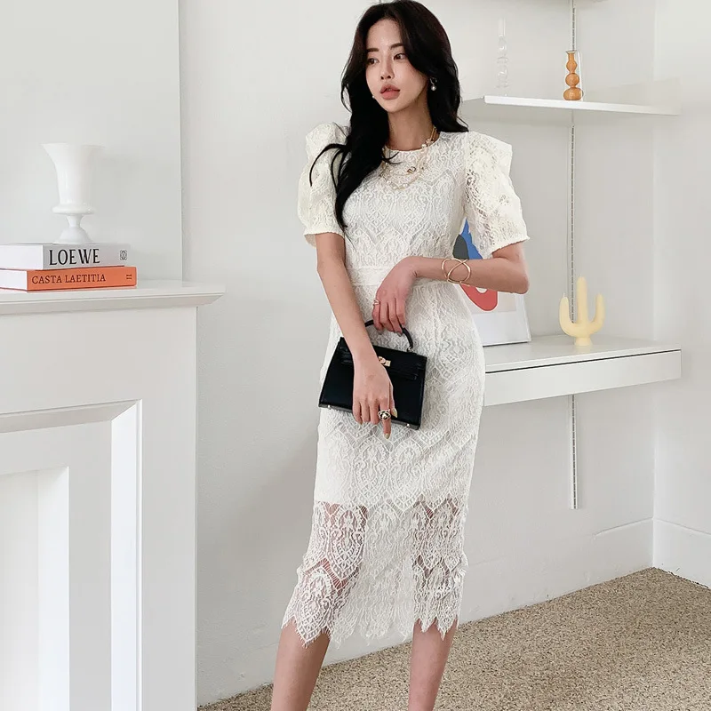 

Летние платья, Белое Кружевное облегающее женское платье, прозрачное элегантное винтажное вечернее пикантное платье-карандаш средней длин...