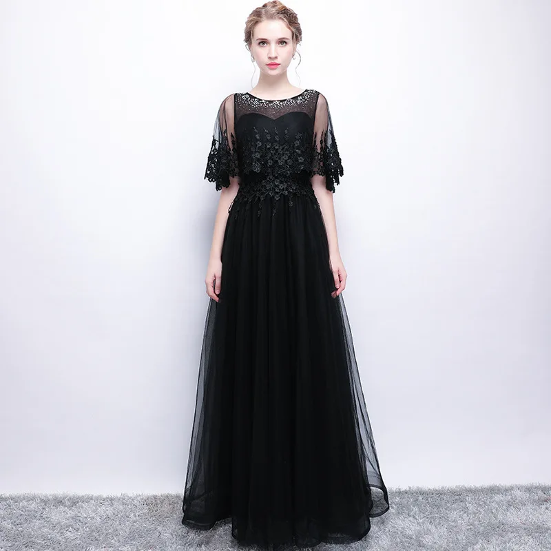 

Women's long formal prom evening dress Plus size O neck cape sleeve lace tulle black wedding party dress Bespoke Occasion Dress