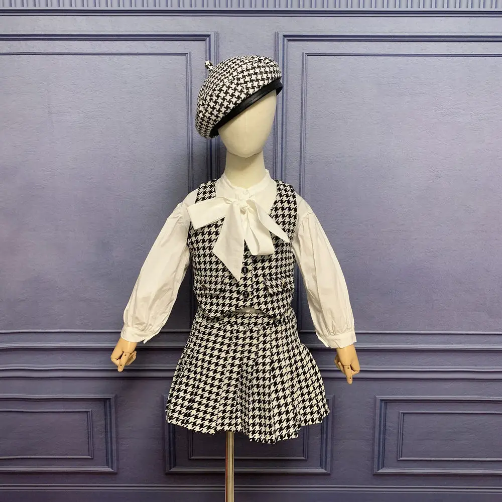 

Kids Designer Clothes Girls Sets Autumn New Plaid White Shirt+Vest+Skirt 3Pcs Baby Girl Outfit Casual Wear Children's clothing