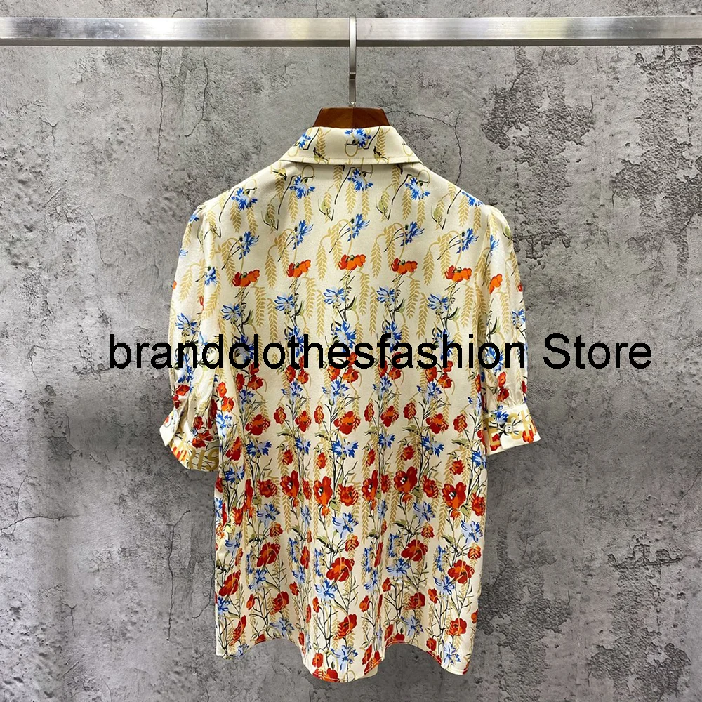 

2021 summer blouses high quality positioning printing silk puff sleeve shirts