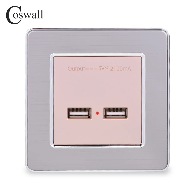 Gold COSWALL настенная розетка с двумя usb-портами для зарядки для мобильных телефонов 5 в 2,1 А, светодиодный индикатор, панель из нержавеющей стали - Тип: Gold