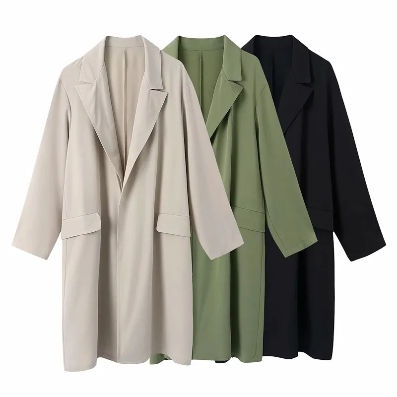 

TRAF Green Long Trench Coat Women Summer Windbreaker Black Coat Fashion Light Windbreakers Pockets Long Sleeve Office Coats