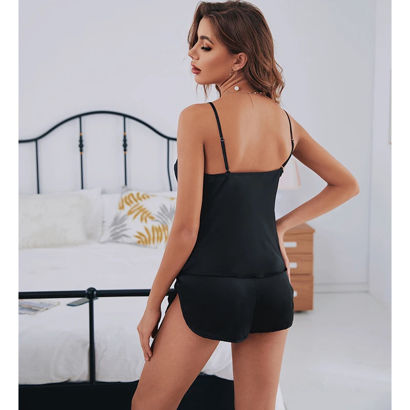 2pcs/set Women Sexy Satin Pajamas Solid Breast Padded Top and Shorts Silk Like Sleepwear Ladies Homewear Loungewear