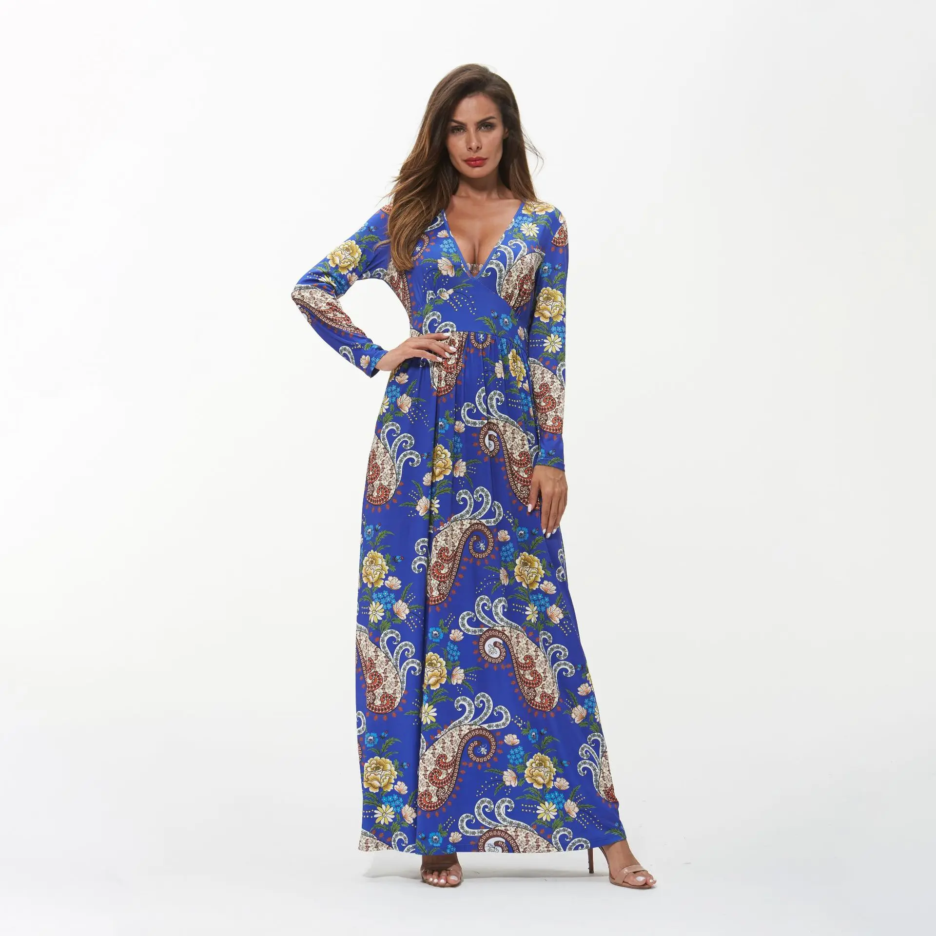 

Spring/summer 2021 maxi dress for women fashion temperament long-sleeved sexy printed V-neck dress women's dropshipping