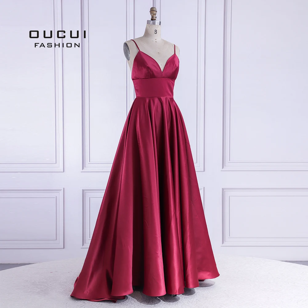 Длинное атласное вечернее платье Oucui бордовое красное бальное для выпускного