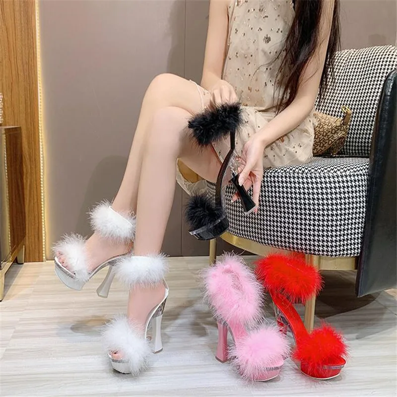 2020 Sandals Woman Steel Tube Dancing Shoes Women New 15cm High Heel Sexy Faux Fur Nightclub Party Catwalk Dress | Обувь