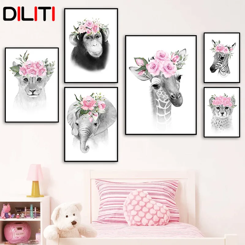 Картина на холсте для детской комнаты настенное украшение с животными розовыми