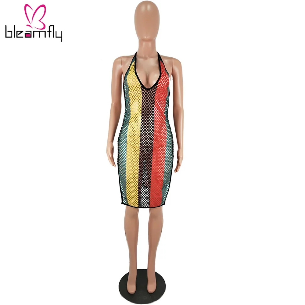 Новинка женское летнее платье в радужную полоску Сетчатое с вырезами на шнуровке