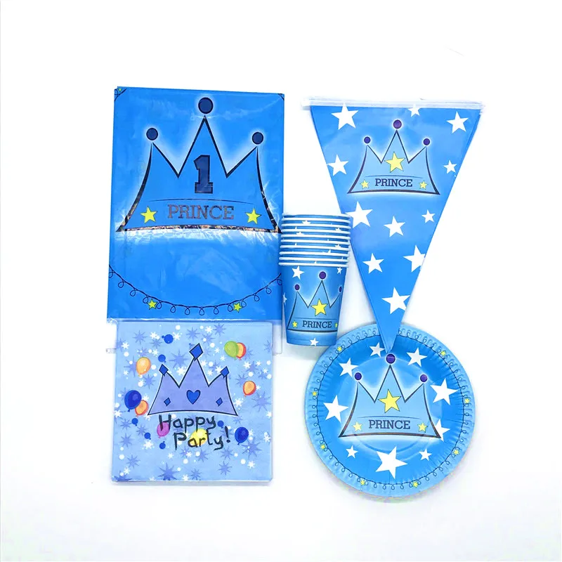 

51pcs/lot Happy Birthday Kids Prince Crown Baby Shower Party Decorations Tableware Banners Flags Tablecloth Cups Plates Supplies