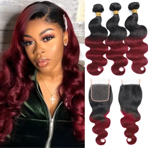 Волнистые пучки омбре с застежкой 1B99J, двухцветные человеческие волосы, волнистые бразильские бордовые пучки пряди кружевной застежкой, Реми