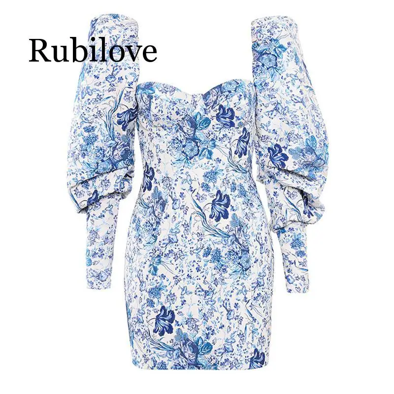 

Rubilove Vintage Puff sleeve bodycon dress women autumn Floral print mini dress sexy V-Neck Backless party dresses vestido