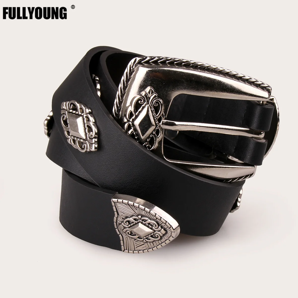 

Fullyoung 2021 New Fashion Trend Women's Belt Diamond Retro Carved Leisure Belts for Women Buckle Wide Waistband Waist Belt