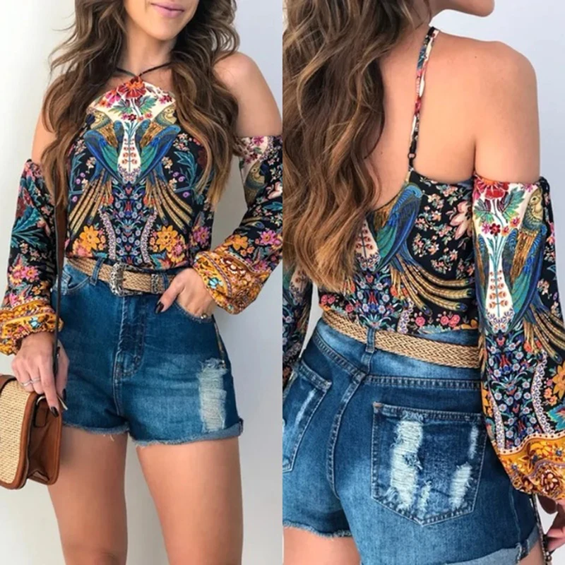 

Printed Lantern Sleeve T-Shirt with off-the-shoulder Straps For Female