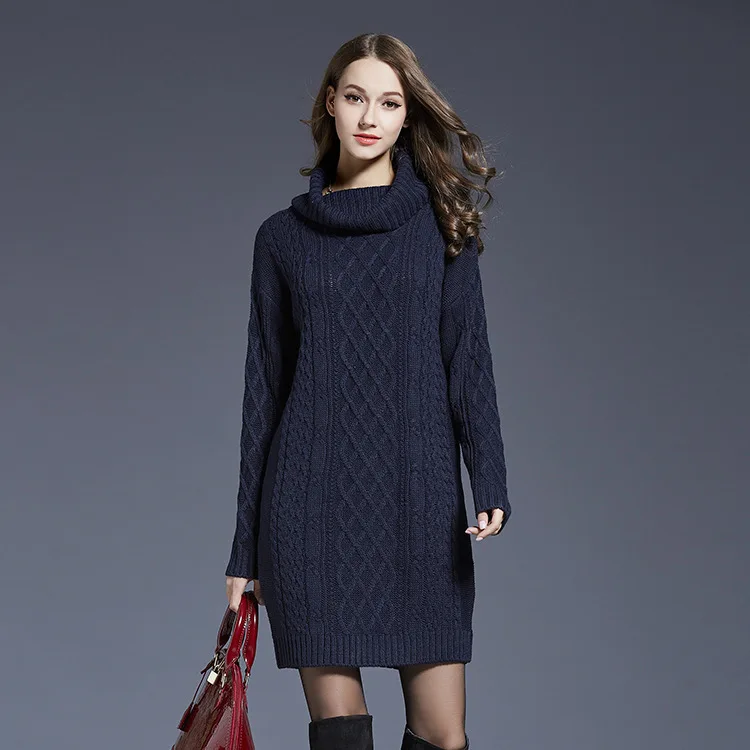 

Fashion Turtleneck Long 2023 Knitted Warm Dress Sweater For Women Autumn Winter Dress KJ003