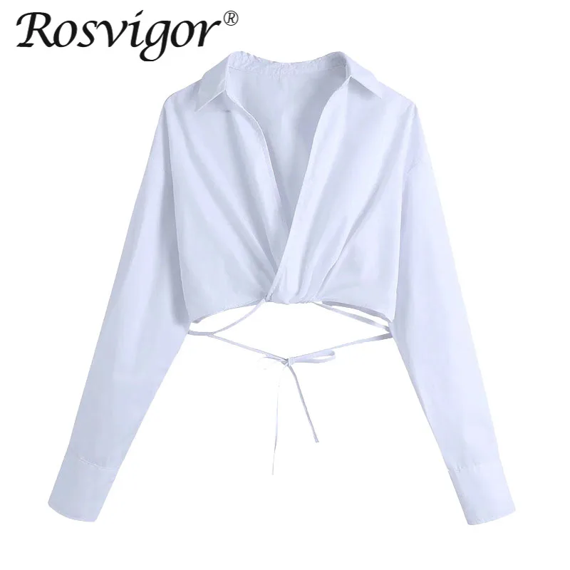 

Женская белая рубашка, пикантная модная укороченная блузка с галстуком, винтажные женские рубашки с V-образным вырезом и длинным рукавом, ши...