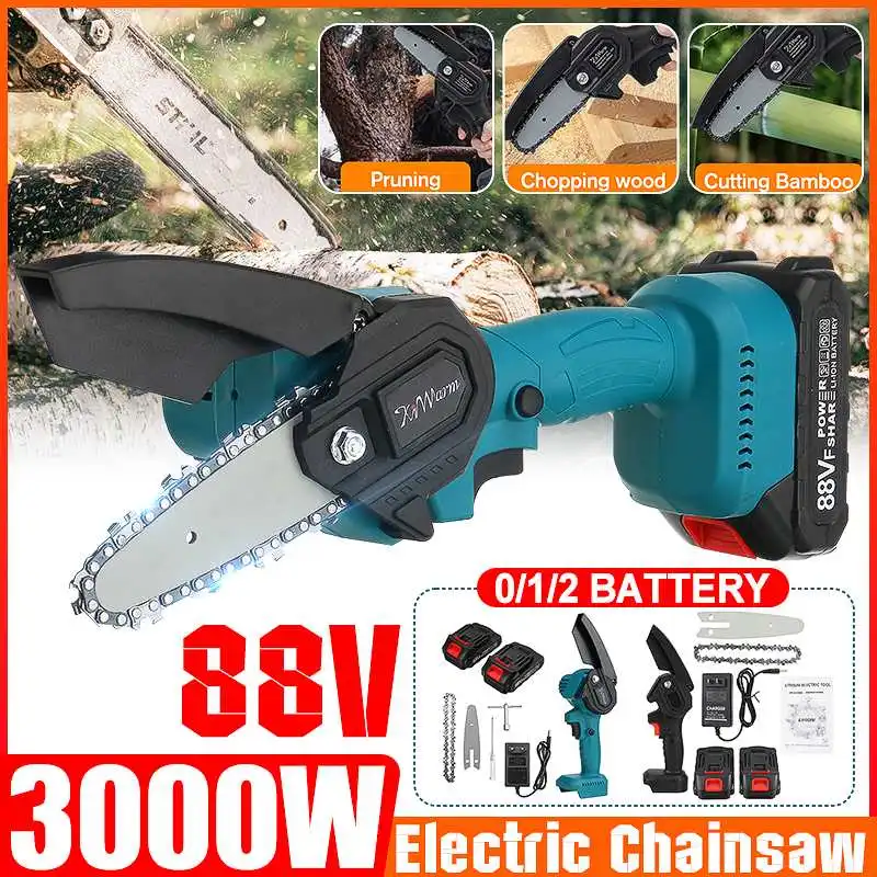 

4 Inch 1200W 88V Mini Pruning Saw Electric Saw Garden Trimming Chainsaw With 2Pcs Battery One-Handed Garden Power Tools EU Plug