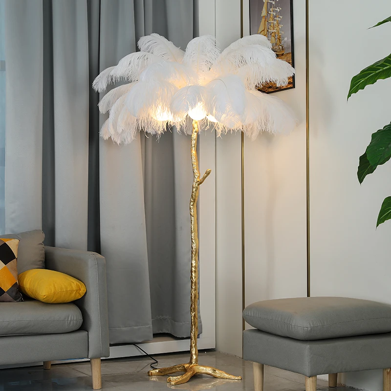 

Nordic Luxury Ostrich Feather LED Floor Lamp Copper Brass Resin Gold Palm Tree Shaped Floor Lamps for Living Room Home Luminaria