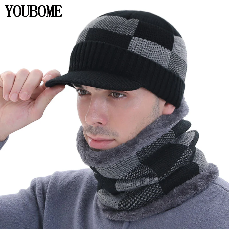 

Skullies Beanies Men Winter Hats For Men Knitted Hat Cap Women Scarf Neck Sport Outdoor Bonnet Men's Winter Cap Male Beanie Hat