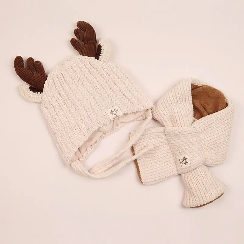 

2019 cute Hats With Scarf Warm Fleece Inside Beanie Girls Winter Cap With Scarf Winter Knitted Hats For Children Baby Caps Hat