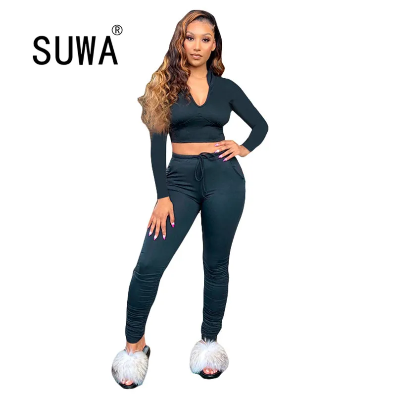 

Solid Two Piece Set for Womne Autumn Sexy Long Sleeve Hooded Crop Tops and Sporty Stacked Jogger Legging Pants Female Tracksuits