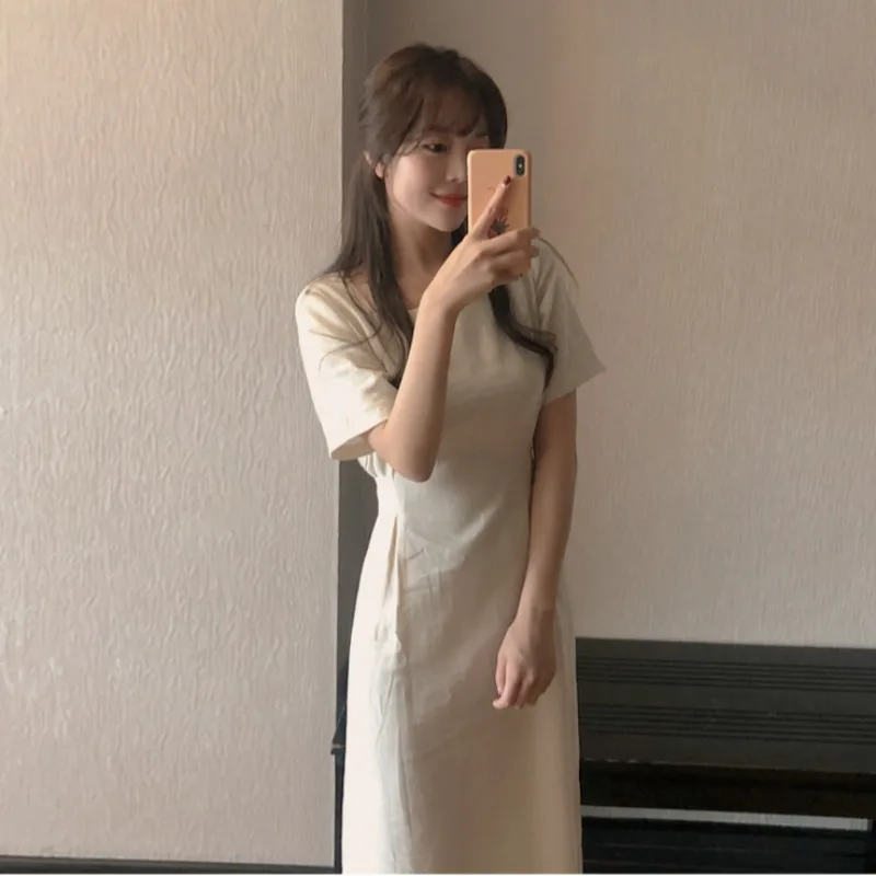 

Korean Summer New Retro French Niche Chic Square-Neck Cinched Self-Tie Slit Elegant Purple Dress for Women