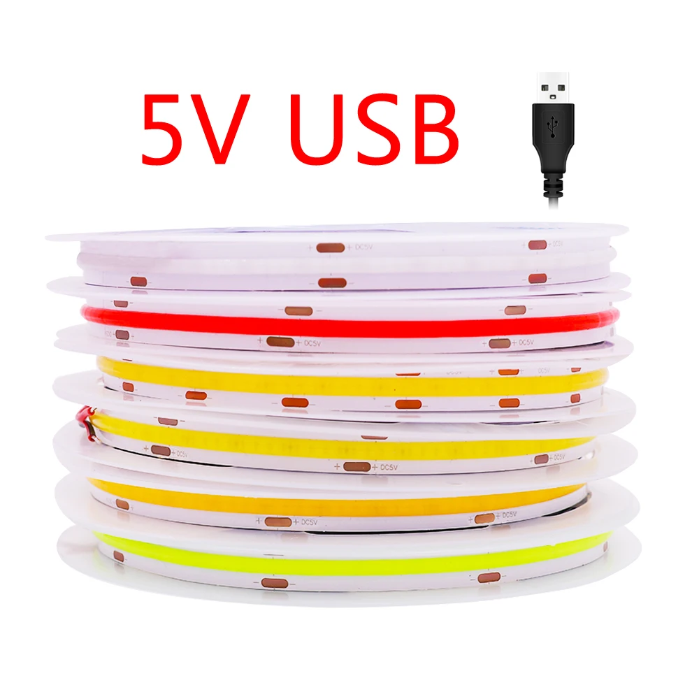 5V LED COB Strip Light USB Battery Powered 320LED/m High Density Linear Linghting Flexible Tape Strips White Blue Green Red DC5V | Лампы и