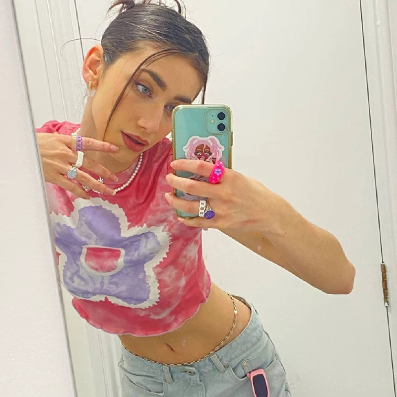 

IAMSURE Tie Dye Printed T-Shirts Women Sweet Cute Floral O-Neck Crop Top Basic Short Sleeve Tees 2021 Summer Fashion Casual Y2K
