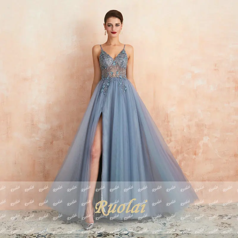 Роскошные вечерние платья трапециевидной формы Длинные 2019 на бретельках с