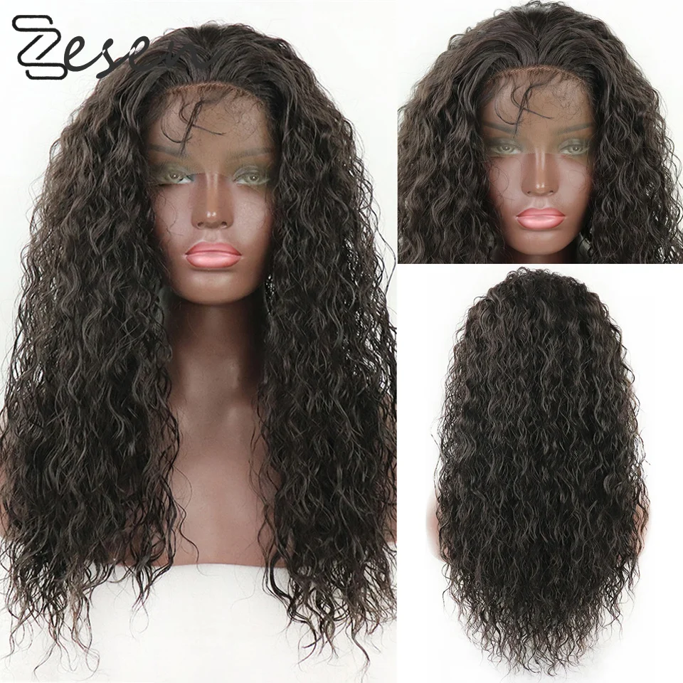 Dianteira do Laço Completas para as Mulheres Arrancadas com Linha Natural e Cabelo do Bebê Zesen Longo Solto Encaracolado Peruca Preto Sintético Perucas Pré Fina