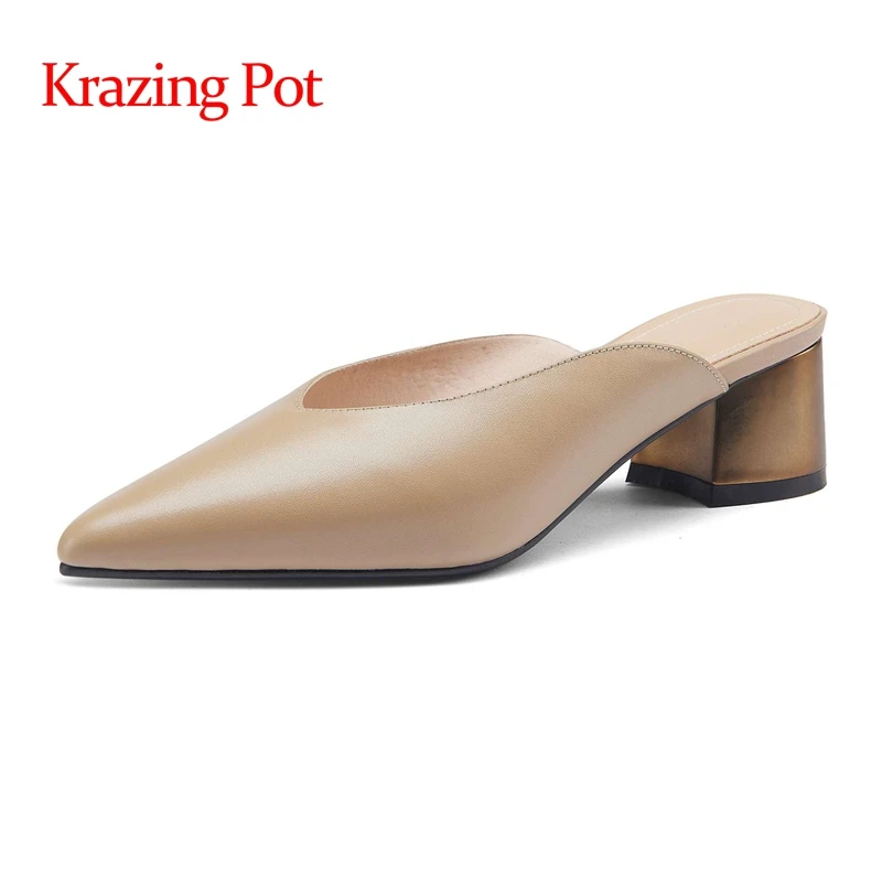 

Krazing Pot genuine leather pointed toe med heel slip on mules simple style young lady streetwear comfortable women pumps L0f1