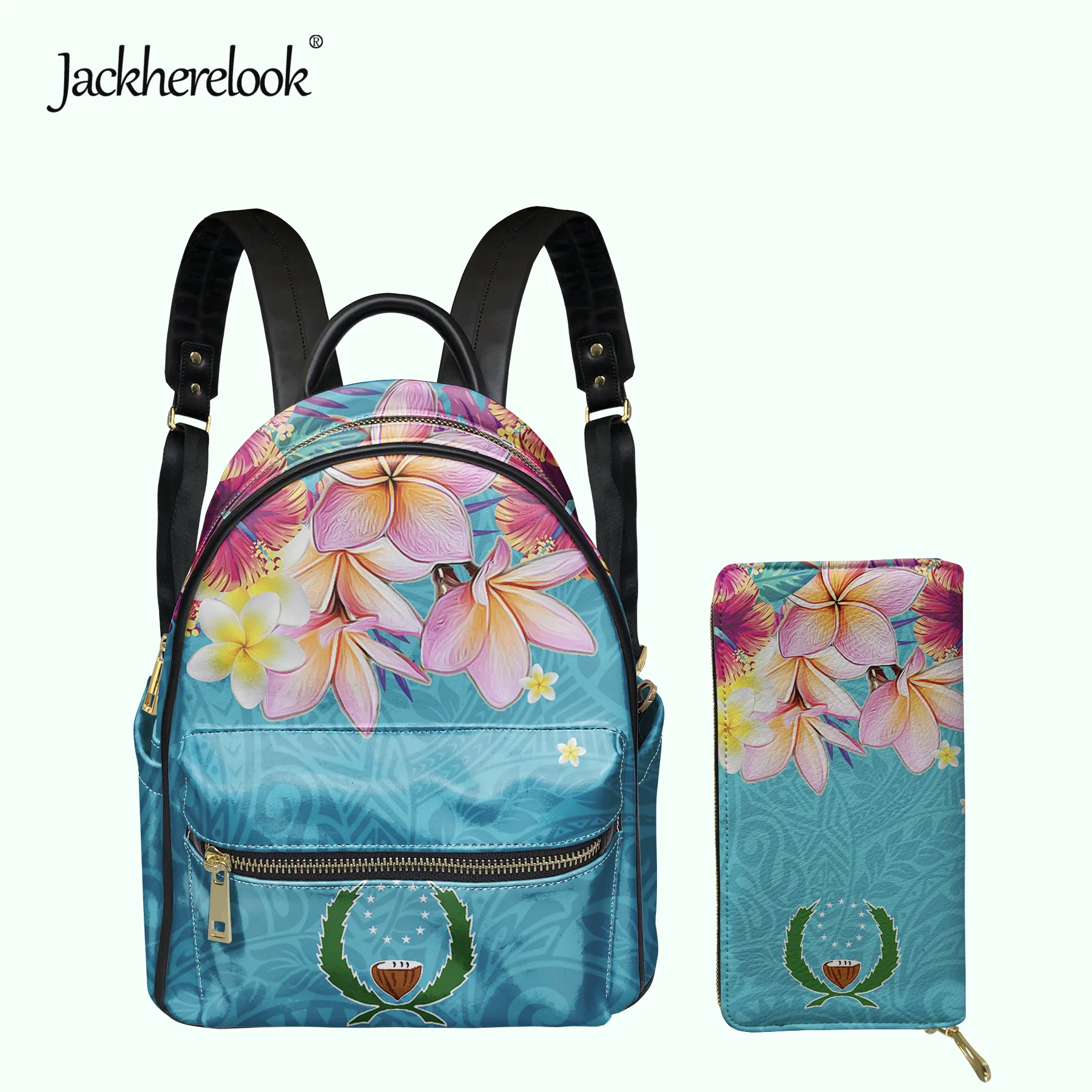 

Jackherelook Pohnpei Polynesian Plumeria Design Mini PU Backpack Wallet 2pcs/Set for Women Girls Small Campus Schoolbag Satchel