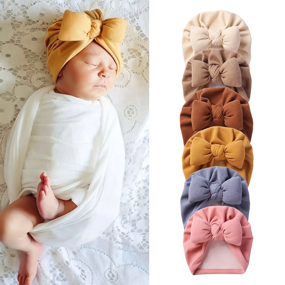 

2021 Baby Bows Hat Cashmere Kids Girl Boy Bonnet Cap Solid Color Warm Infant Toddler Beanies Turban Head Wrapes Baby Accessories