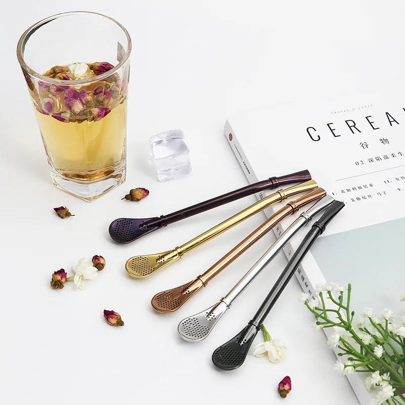 

Stainless Steel Drinking Straw Spoon Tea Filter Coffee Long Spoon Reusable Bar Accessories Tool