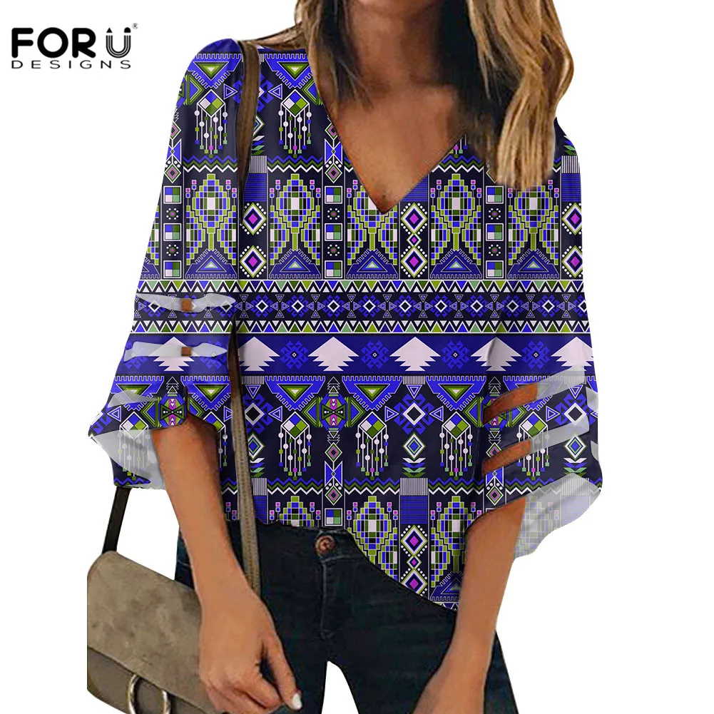 

FORUDESIGNS Native Tribal Pattern Girls Sexy V Neck Blouse Tops Vintage Style Batwing Sleeved Loose Blusas Tops Oversize Clothes