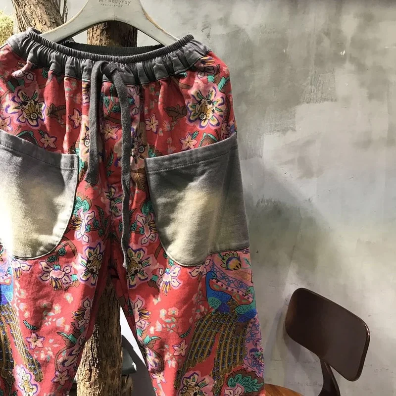 

Spring Autumn Women Big Pocket Elastic Waist Wide Leg Pants Female Patchwork Printed Drawstring Pant Ladies Loose Trousers Retro