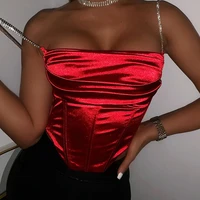 crystal chain satin tanks camis summer women clothes cropped top sexy off shoulder camis back zipper slim corset female camisole