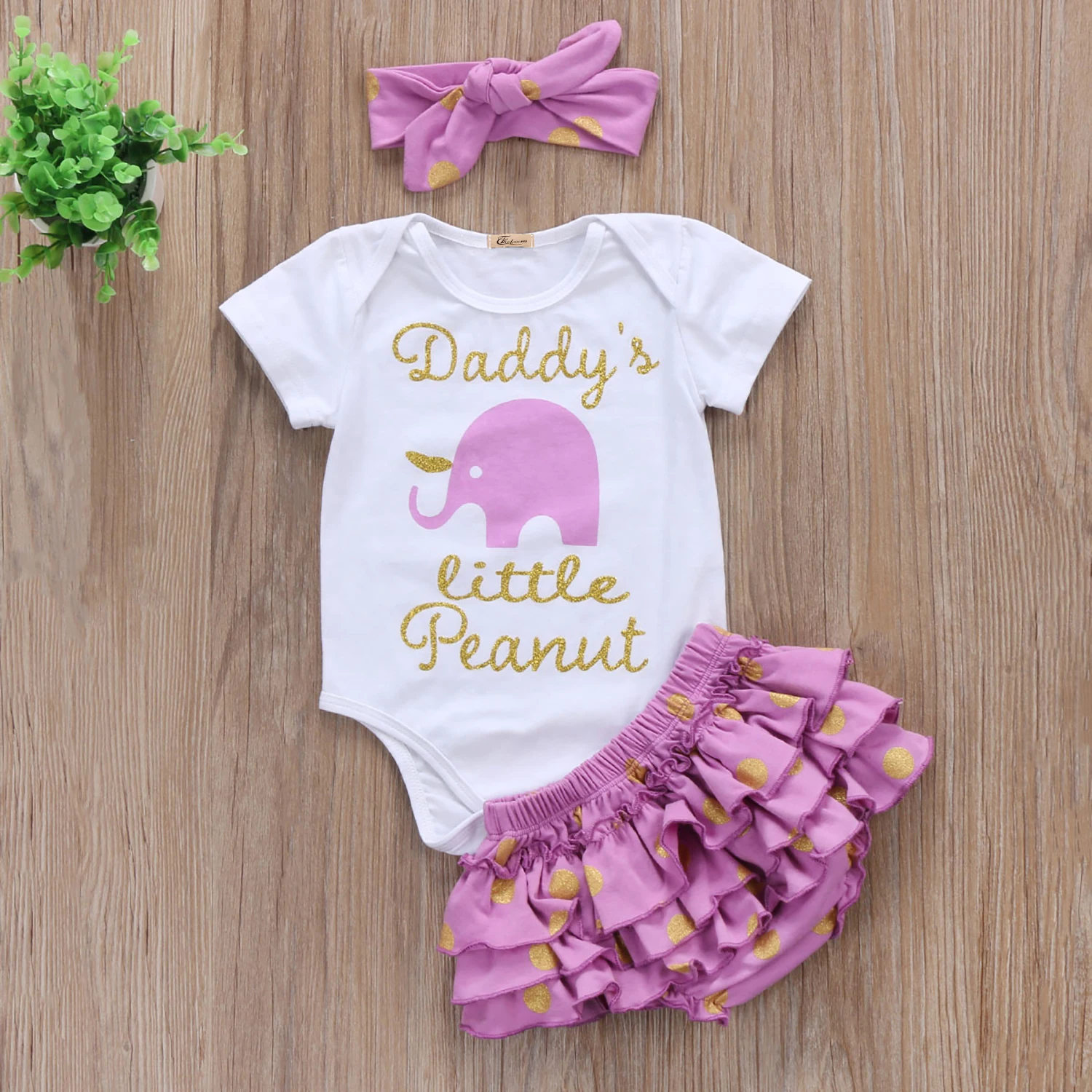 

Newborn Toddler Baby Girl Clothes Covered Button Rompers Tutu Pants Ruffle Shorts Headbands 3Pcs Elephant Dot Outfit Set