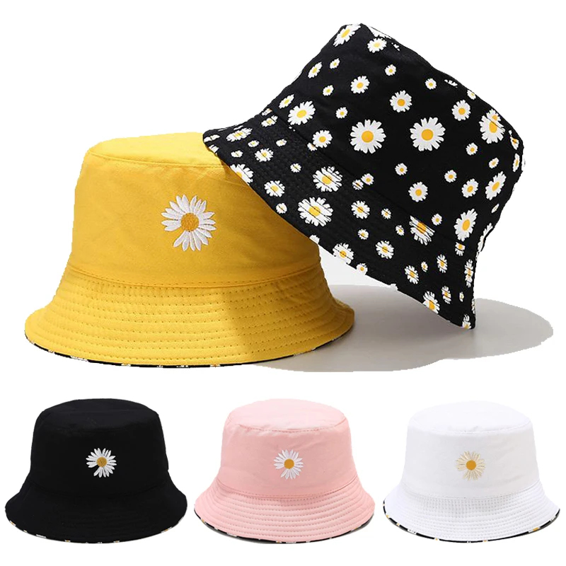 

Women Bucket Fishing Hats Embroidery Daisies Cap Double Sided Wear Spring Lady Fisherman Hat Panama Casual Hat For Women's Gifts