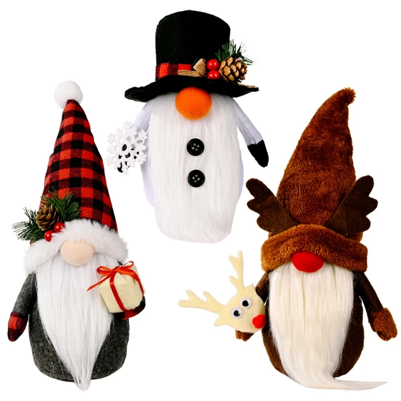 

3 Pieces Christmas Gnome Plush Dolls Cartoon Snowman Reindeer Santa Swedish Tomte Elf Toys Ornament Xmas Holiday Home Table