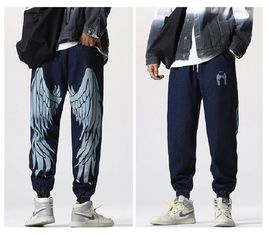 

Retro Men's Jeans Loose Wing Print Harem Pants Japanese Streetwear Hip Hop Straight Pants Harajuku Men's Casual Jeans New 5XL